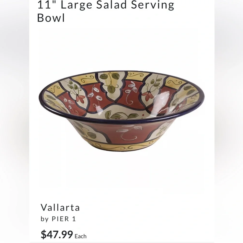 Pier 1 earthenware 11” salad/serving bowl in retired Vallarta pattern. - Picture 11 of 13